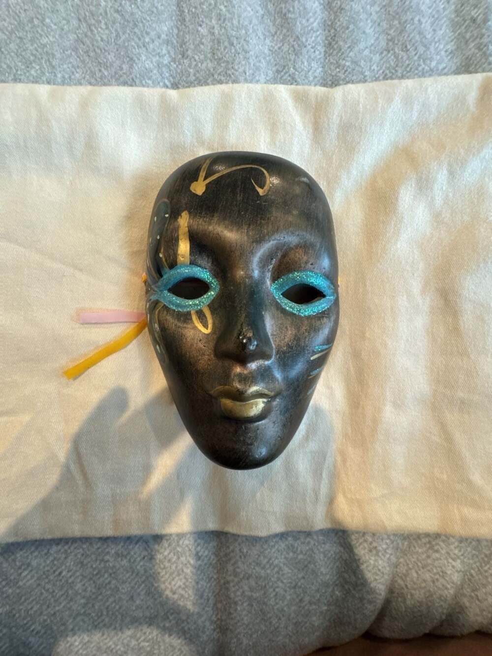 Vintage Ceramic Masquerade Wall Mask with Gold and Turquoise Glitter Accents